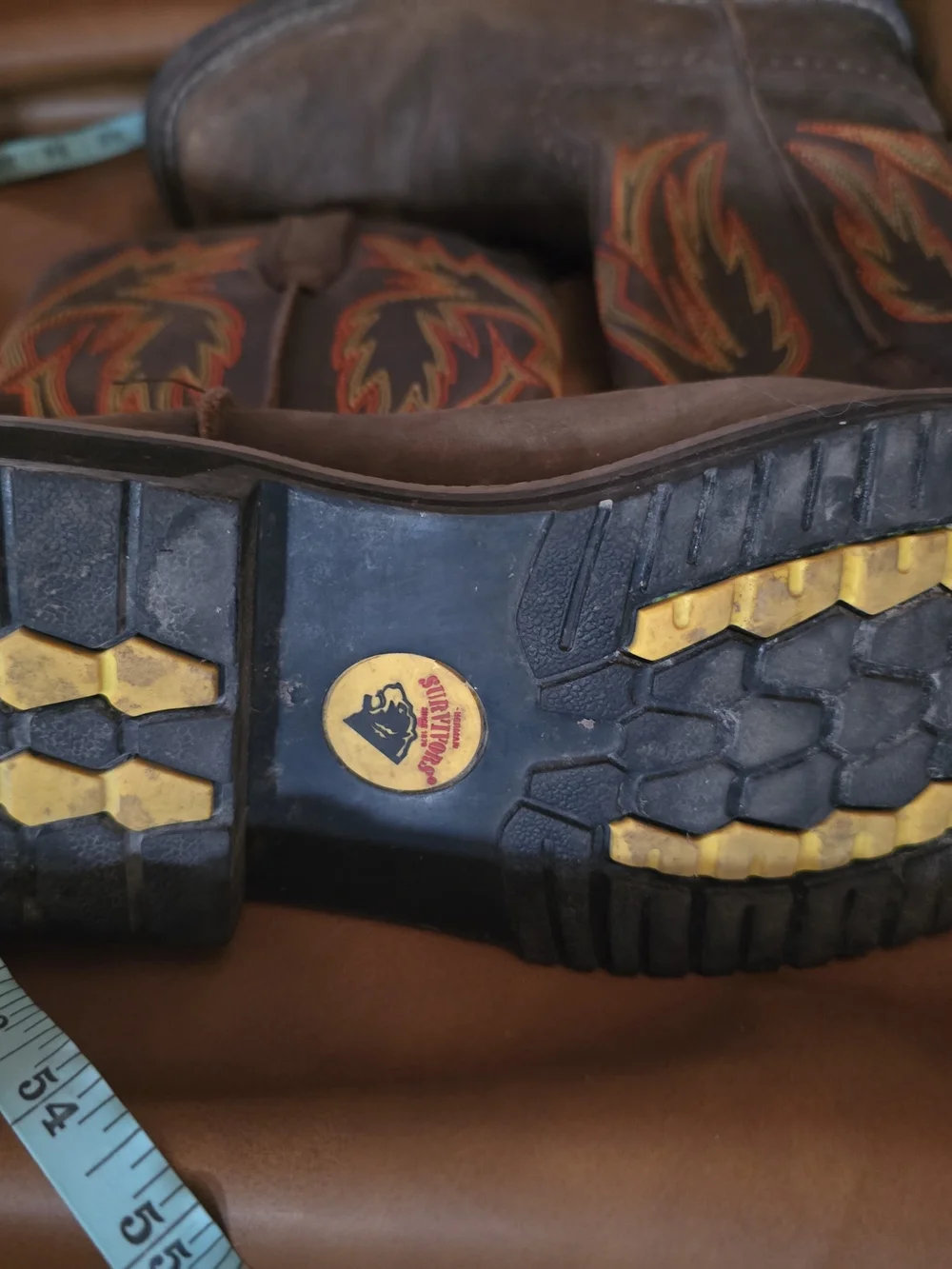 Men's 8.5 Brown Western Work Boots with Embroidered Flame Detail